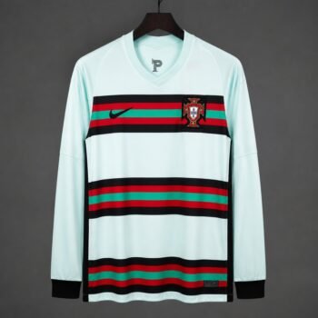 Retro 2020 Portugal Mint Green with Red Stripes Away Long Sleeve Jersey