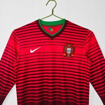 Retro 2014 Portugal Home Red with Dark Stripes Long Sleeve Jersey