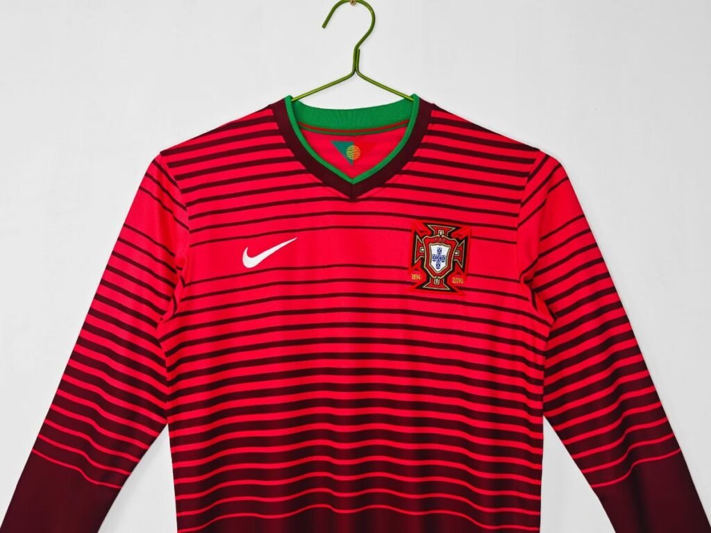 Retro 2014 Portugal Home Red with Dark Stripes Long Sleeve Jersey