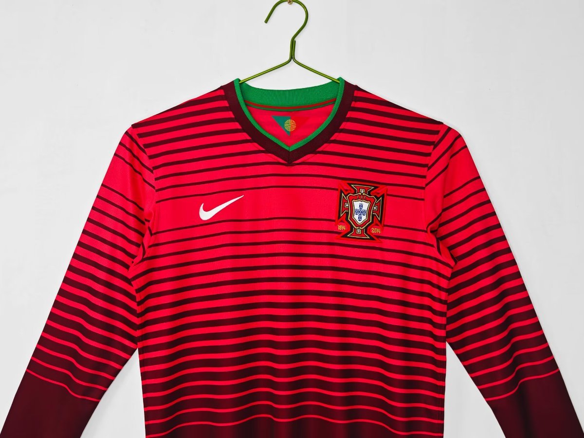 Retro 2014 Portugal Home Red with Dark Stripes Long Sleeve Jersey