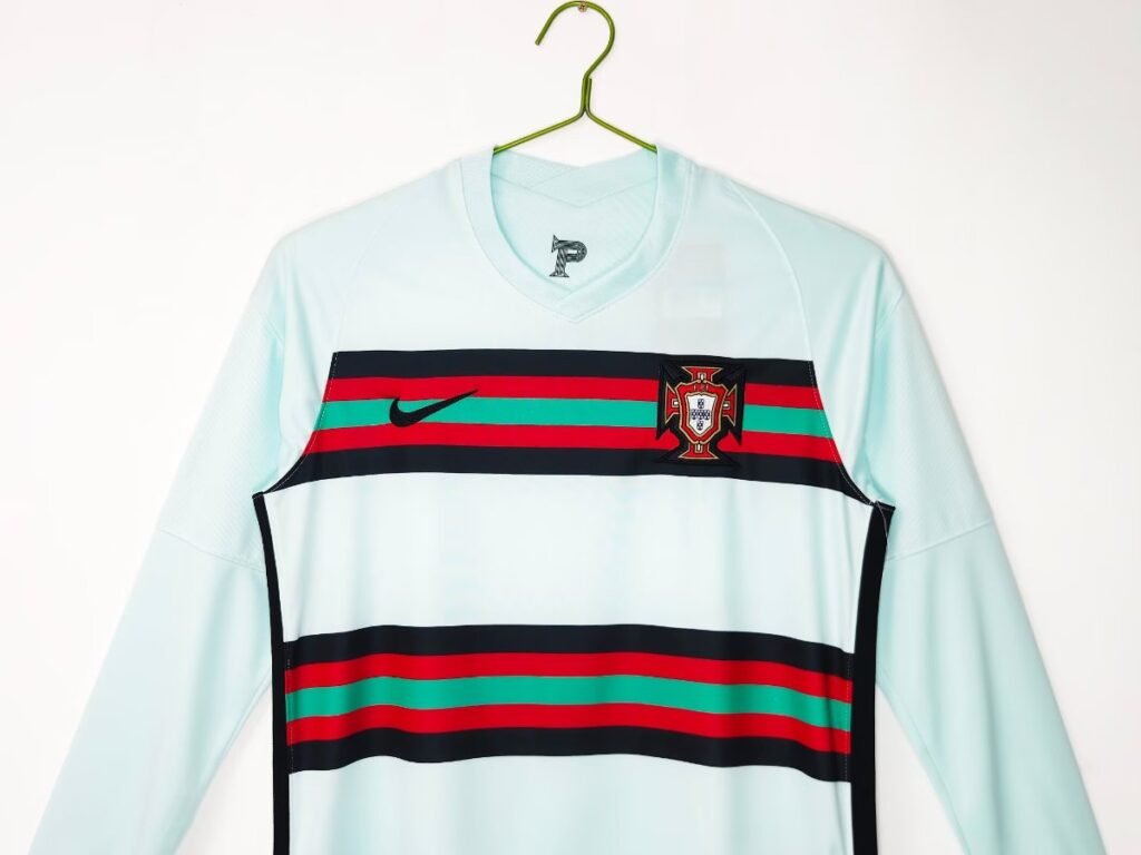 Retro 2020 Portugal Mint Green with Red Stripes Away Long Sleeve Jersey