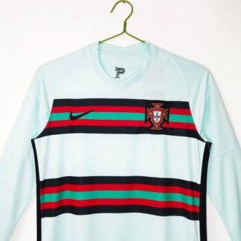 Retro 2020 Portugal Mint Green with Red Stripes Away Long Sleeve Jersey