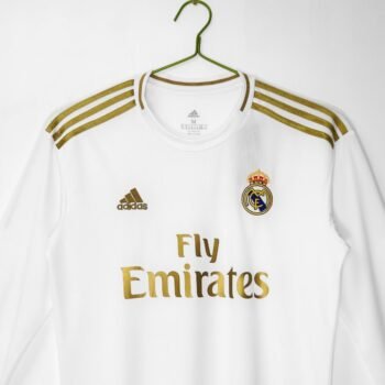 Retro 19/20 Real Madrid White with Gold Stripes Home Long Sleeve Jersey