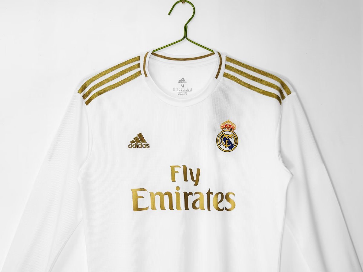 Retro 19/20 Real Madrid White with Gold Stripes Home Long Sleeve Jersey