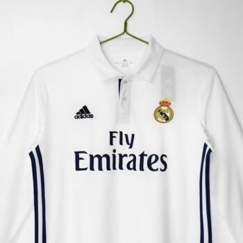 Retro 16/17 Real Madrid White with Navy Blue Stripes Home Long Sleeve Jersey
