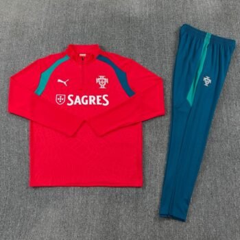 26/27 Portugal Red&Teal Half Zipper Jacket Tracksuit + Long Pants