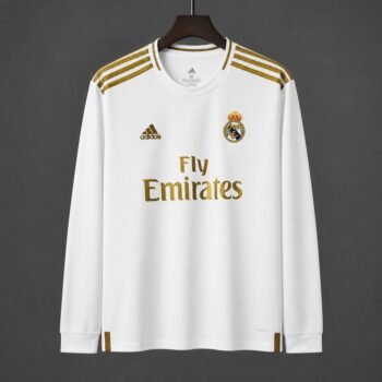 Retro 19/20 Real Madrid White with Gold Stripes Home Long Sleeve Jersey