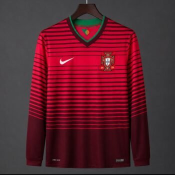 Retro 2014 Portugal Home Red with Dark Stripes Long Sleeve Jersey