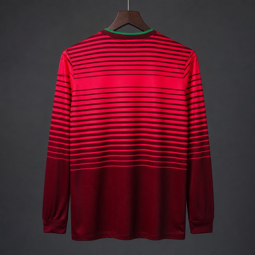 Retro 2014 Portugal Home Red with Dark Stripes Long Sleeve Jersey