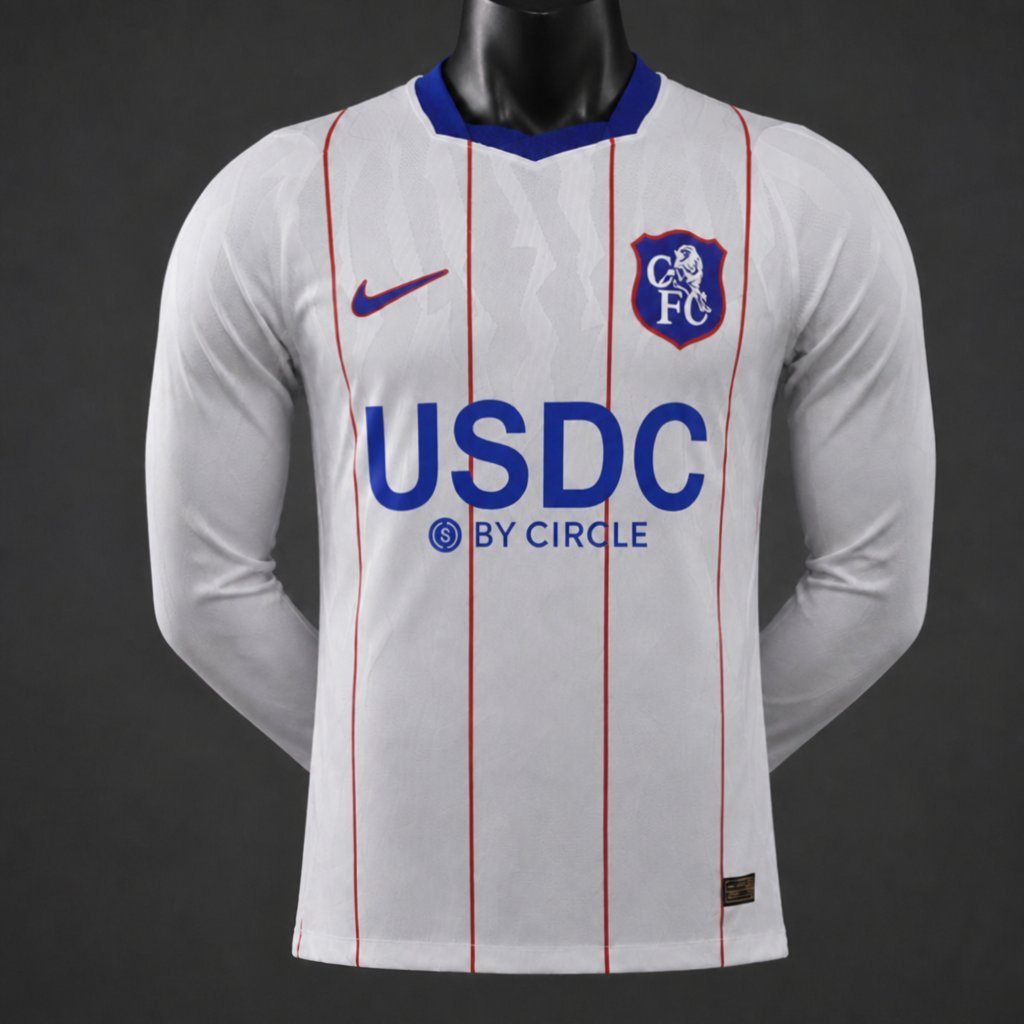 Player 2627 Chelsea FC White with Red Pinstripe Third Long Sleeve Jersey Home Jersey